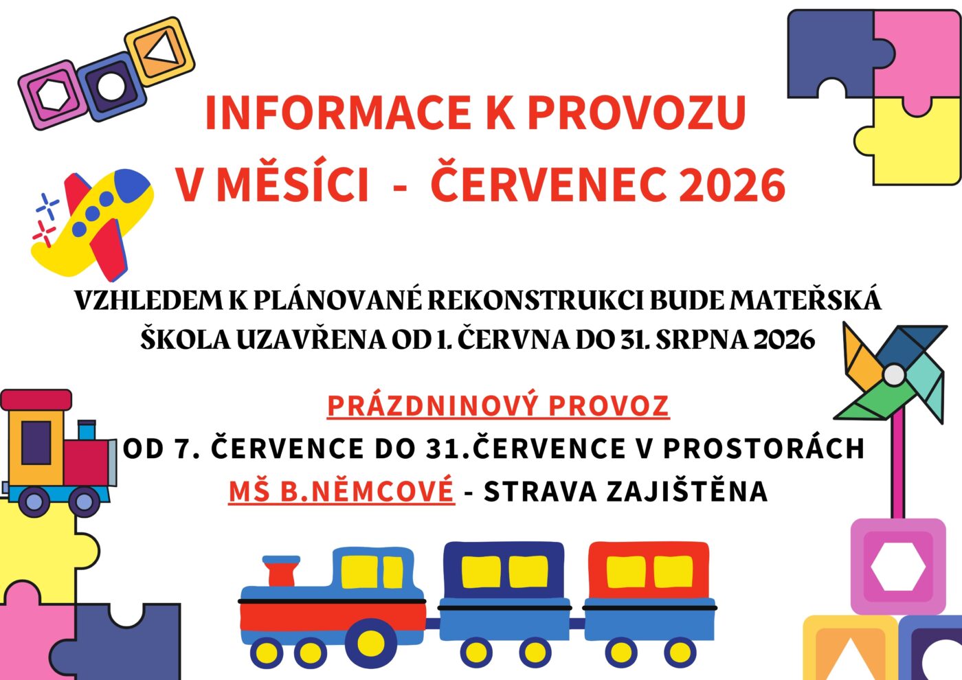 Informace k provozu v měsíci – ČERVENEC 2026