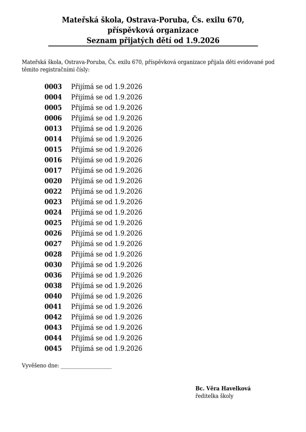 Seznam přijatých dětí pro školní rok 2026-2027